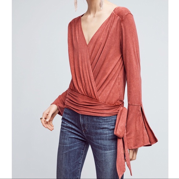 Anthropologie Tops - Anthropologie Deletta Bell Sleeve Wrap Top EUC